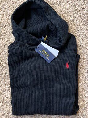NWT Polo Ralph Lauren Mens Waffle Knit Thermal Pullover Hoodie Black Small